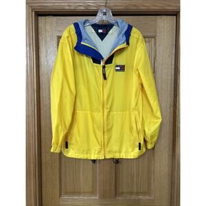 Vtg Y2K Tommy Hilfiger Yellow Full Zip HoodedRain Windbreaker Jacket Sz L Flaws